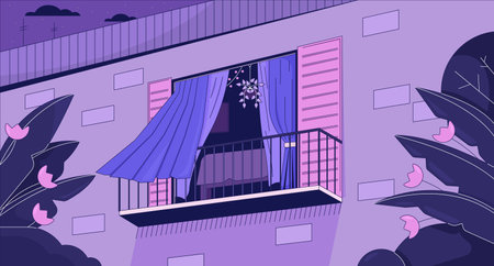 Curtains blowing in wind from opened window chill lo fi background. Balcony 2D vector cartoon exterior illustration, purple lofi wallpaper desktop. Sunset aesthetic 90s retro art, dreamy vibesのイラスト素材