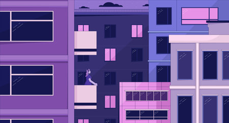 Old town lo fi aesthetic wallpaper. night in the city. skyscrapers. city buildings. Woman on balcony 2D vector cartoon exterior illustration, purple lofi background. 90s retro album art, chill vibesのイラスト素材