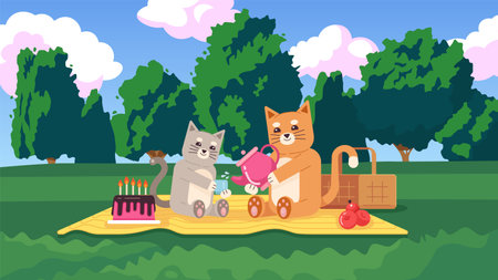Picnic in the park cute chill lo fi wallpaper. Kittens celebrating birthday. Cute pets drinking tea 2D vector cartoon characters illustration, lofi anime background. 90s kawaii aesthetic dreamy vibesのイラスト素材