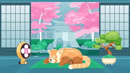 Sleeping bear cute chill lo fi wallpaper. Japanese interior. Relaxation. Red panda chilling near fan 2D vector cartoon characters illustration, lofi anime background. 90s kawaii aesthetic dreamy vibesのイラスト素材