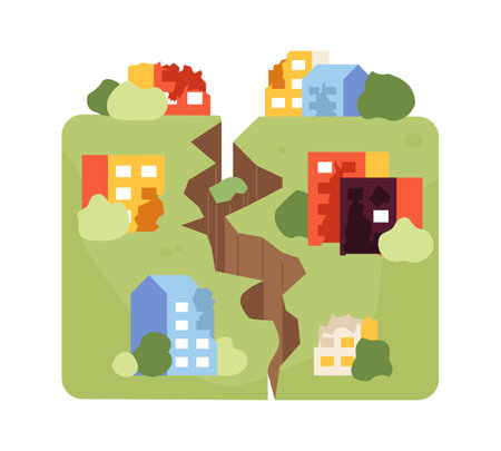 Earthquake flat concept vector spot illustration. movement of earth surface. Ground crack 2D cartoon scene on white for web UI design. natural disaster isolated editable creative imageのイラスト素材