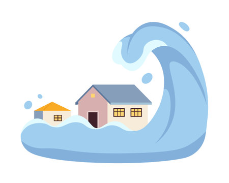 Tsunami flat concept vector spot illustration. Big wave cover town buildings. Catastrophic ocean wave 2D cartoon scene on white for web UI design. natural disaster isolated editable creative imageのイラスト素材