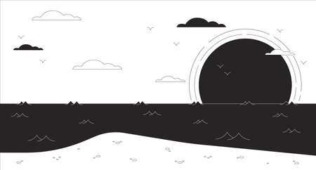 Sunset in the sea black and white chill lo fi background. bay. paradise. Island outline 2D vector cartoon landscape illustration, monochromatic lofi wallpaper desktop. bw 90s retro artのイラスト素材