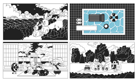 Kawaii animals black and white cute chill lo fi wallpapers set. Swimming pool linear 2D vector cartoon interior, landscape illustration, monochrome lofi anime background. Bw 90s kawaii aestheticのイラスト素材