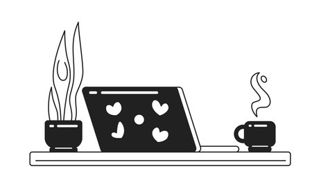 Cozy workplace monochrome flat vector object. Laptop, houseplant and coffee cup. home office. Editable black and white thin line icon. Simple cartoon clip art spot illustration for web graphic designのイラスト素材