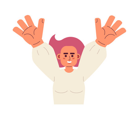 Woman raising hands semi flat color vector character. Cheerful pretty asian girl. happy person. Editable half body person on white. Simple cartoon spot illustration for web graphic designのイラスト素材
