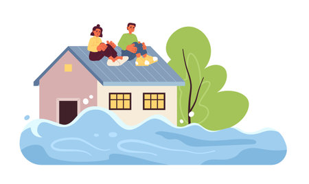 Scared people on flooded house roof flat concept vector spot illustration. deep water. Rescue operation for 2D cartoon characters on white for web UI design. Isolated editable creative hero imageのイラスト素材