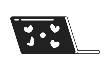 Heart stickers laptop monochrome flat vector object. Portable personal computer for working. Editable black and white thin line icon. Simple cartoon clip art spot illustration for web graphic designのイラスト素材
