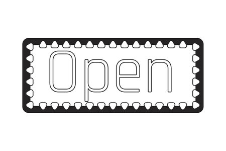Neon open singboard flat monochrome isolated vector object. Welcome. Inviting visitors. Editable black and white line art drawing. Simple outline spot illustration for web graphic designのイラスト素材