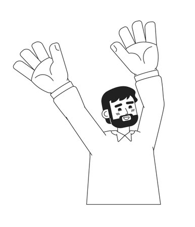 Man raising hands up monochromatic flat vector character. Cheerful caucasian boy. Editable thin line half body person on white. Simple bw cartoon spot image for web graphic designのイラスト素材