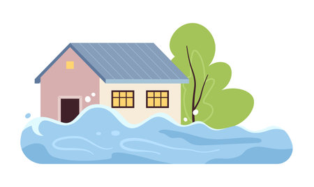 Flooded house semi flat color vector object. natural disaster. Flood. Editable cartoon clip art icon on white background. Simple spot illustration for web graphic designのイラスト素材