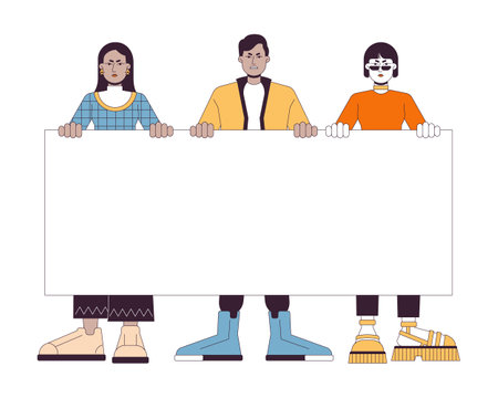 Multinational people holding blank poster flat line color vector characters. Angry people. Editable outline full body person on white. Protest simple cartoon spot illustration for web graphic designのイラスト素材