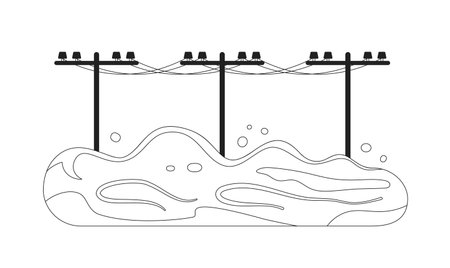 Flooded power lines monochrome flat vector object. Flood. Utility poles Editable black and white thin line icon. Simple cartoon clip art spot illustration for web graphic designのイラスト素材