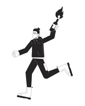 Rebel throws molotov cocktail flat line black white vector character. Bandana on face. Editable outline full body person. Protest simple cartoon isolated spot illustration for web graphic designのイラスト素材
