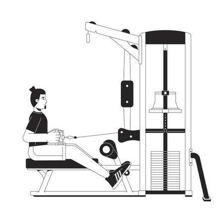 Man stretching cable on seated row machine flat line black white vector character. Editable outline full body person. Improving posture simple cartoon isolated spot illustration for web designのイラスト素材