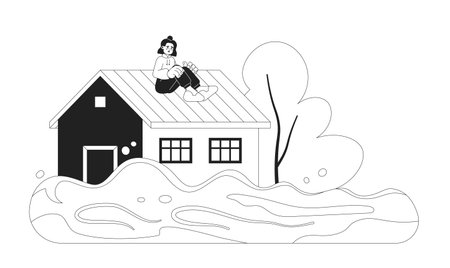 Woman sitting on roof monochrome concept vector spot illustration. Flooded house. natural disaster. Scared woman 2D flat bw cartoon character for web UI design. Isolated editable hand drawn hero imageのイラスト素材