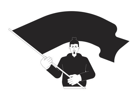 Caucasian man waving flag flat line black white vector character. revolution. protest march. Editable outline full body person. Simple cartoon isolated spot illustration for web graphic designのイラスト素材