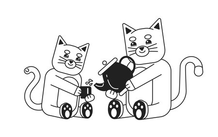 Happy kittens sitting monochromatic flat vector characters. tea ceremony. Tea pot, cup. Smiling pets. Editable thin line full body animal on white. Simple bw cartoon spot image for web graphic designのイラスト素材