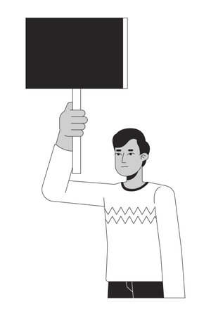 Empty banner in Indian man hand flat line black white vector character. Protesting. Editable outline half body person. Simple cartoon isolated spot illustration for web graphic designのイラスト素材