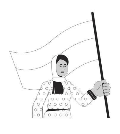 Muslim woman with flag flat line black white vector character. Protect rights for woman. Protest. Editable outline full body person. Simple cartoon isolated spot illustration for web graphic designのイラスト素材