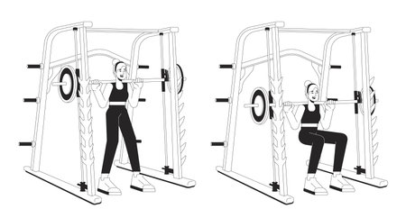 Working out on weight power rack bw vector spot illustration. Smith machine sportswoman 2D cartoon flat line monochromatic character for web UI design. Athletic editable isolated outline hero imageのイラスト素材