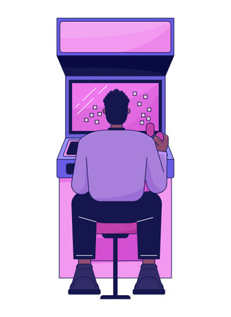 Man sitting and playing games flat line color vector character. Arcade. vintage machine. Editable outline full body person on white. Simple cartoon spot illustration for web graphic designのイラスト素材