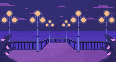Night waterfront with streetlights lo fi aesthetic wallpaper. Nighttime city quay, glowing lampposts 2D vector cartoon cityscape illustration, purple lofi background. 90s retro album art, chill vibesのイラスト素材