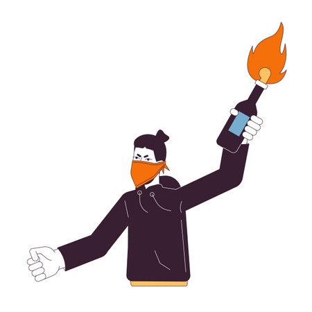 Rebel holding molotov cocktail flat line color vector character. Revolt. White revolutionary. Editable outline half body person on white. Simple cartoon spot illustration for web graphic designのイラスト素材