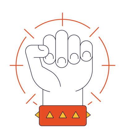 Clenching hand flat line color isolated vector object. Show power. Raising hand. Editable clip art image on white background. Simple outline cartoon spot illustration for web designのイラスト素材