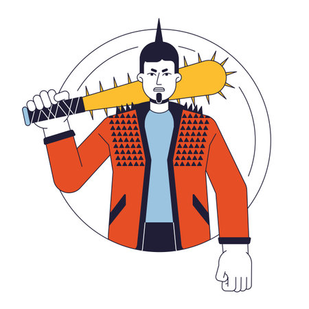 Aggressive punk with baseball bat flat line color vector character. Rebel. Angry young man. Weapon. Editable outline half body person on white. Simple cartoon spot illustration for web graphic designのイラスト素材