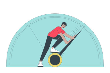 Full potential achive flat line concept vector spot illustration. Man pressing arrow. Productivity 2D cartoon outline character on white for web UI design. Editable isolated color hero imageのイラスト素材