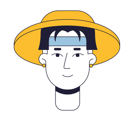 Asian man in hat flat line color vector character head. Cheerful brunette boy. Editable cartoon avatar icon. face emotion. Simple cartoon spot illustration for web graphic designのイラスト素材