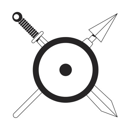 Crossed medieval weapon behind shield flat monochrome isolated vector object. Sword and spear. Editable black and white line art drawing. Simple outline spot illustration for web graphic designのイラスト素材