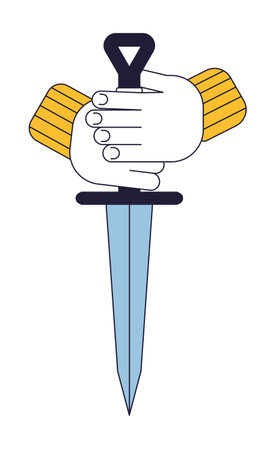 Holding medieval sword flat line concept vector spot illustration. Sharp ancient weapon. Knight dagger 2D cartoon outline hand on white for web UI design. Editable isolated color hero imageのイラスト素材