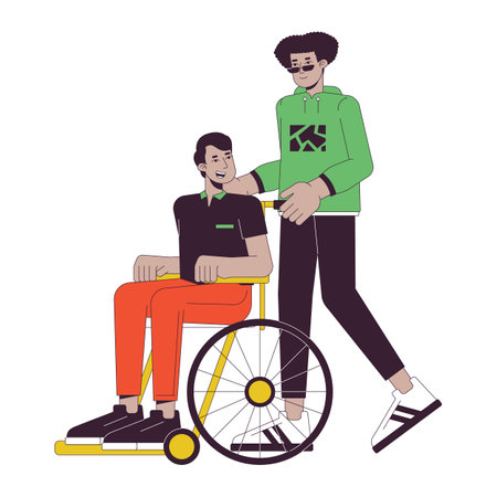 Caring of disabled person flat line concept vector spot illustration. man helping. taking care. 2D cartoon outline characters on white for web UI design. Editable isolated color hero imageのイラスト素材