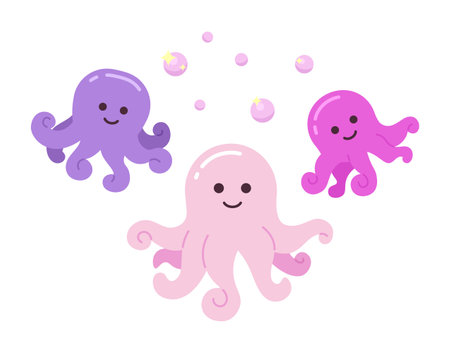 Smiling octopuses with sparkling bubbles semi flat color vector characters. dreamlike sea creatures. Editable full body personages on white. Simple cartoon spot illustration for web graphic designのイラスト素材