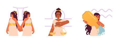 Air zodiac signs flat concept vector spot illustration set. Gemini, libra, aquarius. Girls horoscope 2D cartoon characters on white for web UI design. Isolated editable creative hero image packのイラスト素材