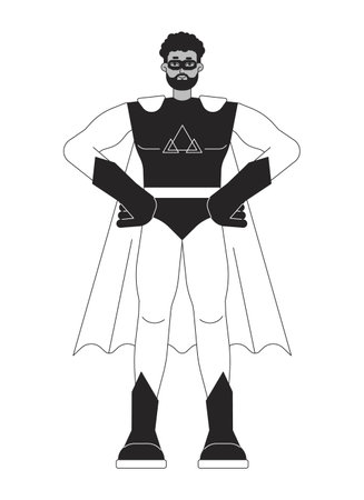 Superhero in mask flat line black white vector character. Empowered man in suit. Protecting world. Editable outline full body person. Simple cartoon isolated spot illustration for web graphic designのイラスト素材