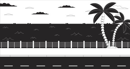 Dusk roadside seascape with palm trees black and white lo fi aesthetic wallpaper. Twilight seaside, palmtrees outline 2D vector cartoon seascape illustration, monochrome lofi background, chill vibesのイラスト素材
