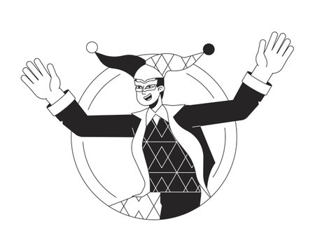 Happy joker having fun flat line black white vector character. Man in costume. Hat with bells. Editable outline half body person. Simple cartoon isolated spot illustration for web graphic designのイラスト素材