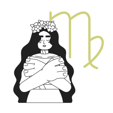 Virgo zodiac sign monochrome concept vector spot illustration. Woman in wreath hugging shoulders 2D flat bw cartoon character for web UI design. Astrology isolated editable hand drawn hero imageのイラスト素材