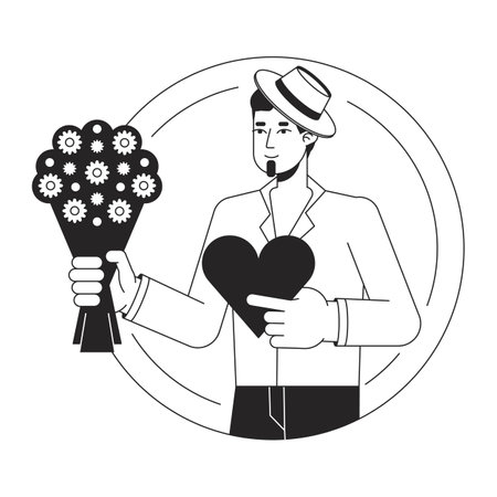 Handsome lover with presents flat line black white vector character. Romantic date. Flowers, greeting card. Editable outline half body person. Simple cartoon isolated spot illustration for web designのイラスト素材