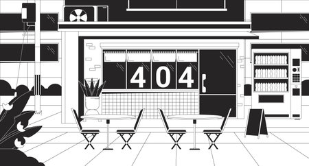 Urban storefront at night black white error 404 flash message. Exterior store, automat. Monochrome...
