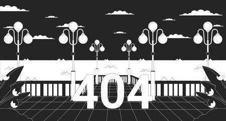Night waterfront streetlights black white error 404 flash message. City quay, lampposts. Monochrome landing page ui design. Not found cartoon image, dreamy vibes. Vector flat outline illustrationのイラスト素材