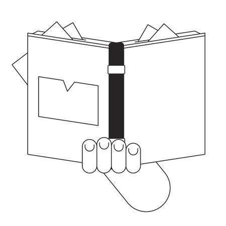 Hand holding book flat monochrome isolated vector object. Literature. Encyclopedian with stickers. Editable black and white line art drawing. Simple outline spot illustration for web graphic designのイラスト素材