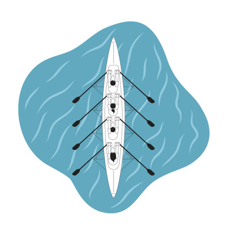 Kayaking team sport monochrome concept vector spot illustration. Top view of four oarsmen on sea. Championship 2D flat bw cartoon characters for web UI design. Isolated editable hand drawn hero imageのイラスト素材