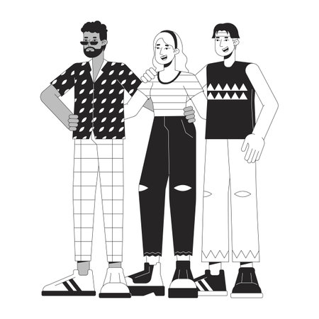 Friendship flat line black white vector characters. Happy multinational people. Hugging and support....