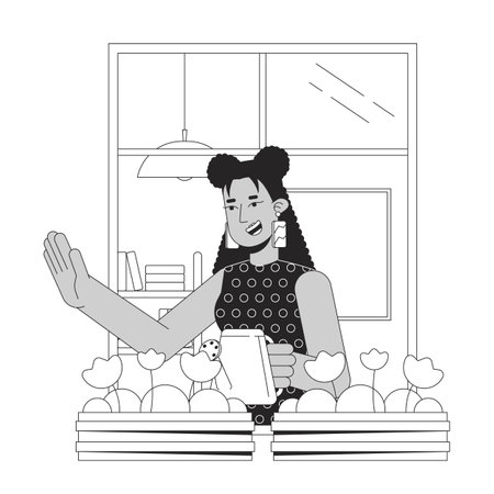 Greeting bw concept vector spot illustration. Latina woman waving from window 2D cartoon flat line monochromatic character for web UI design. Editable isolated outline hero imageのイラスト素材