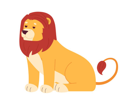 WIld lion sitting semi flat color vector character. Spirit animal. Editable full body animal on white. Simple cartoon spot illustration for web graphic designのイラスト素材