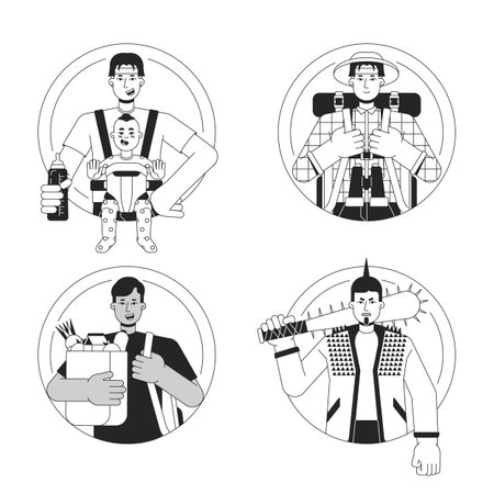 Archetypes flat line black white vector characters set. Different personalities. Editable outline half body person. Simple cartoon isolated spot illustrations collection for web graphic designのイラスト素材